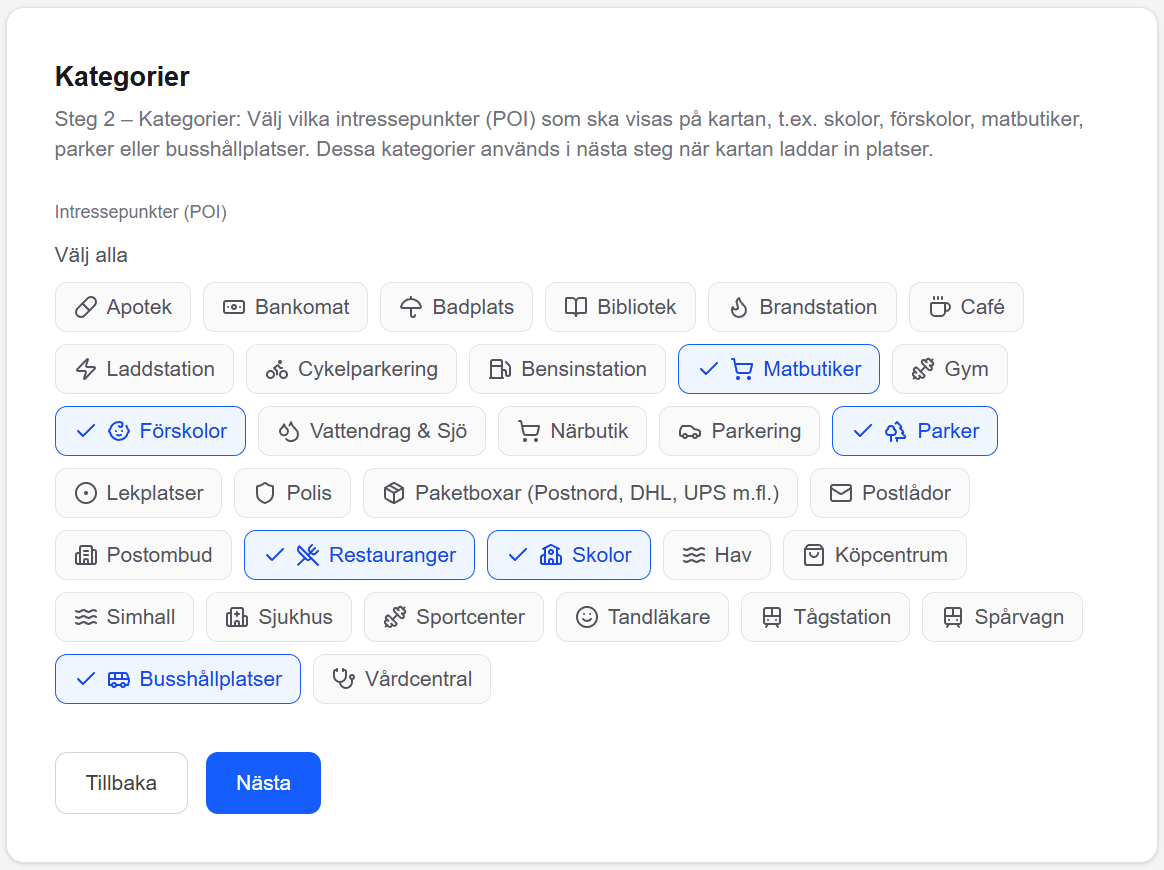 Steg 2 i designern: kategorierna väljs som knappar, sex av trettiotre är valda.